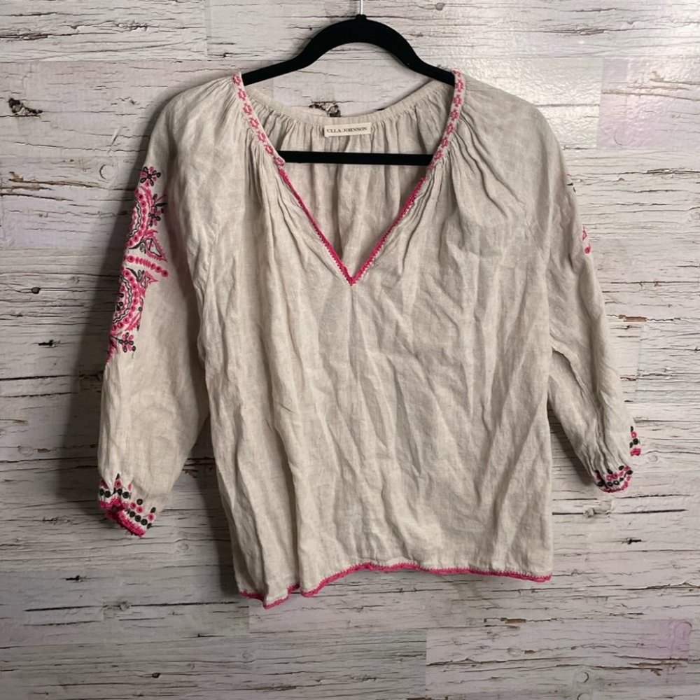Ulla Johnson ada top blouse linen blend pink embroidered size 6